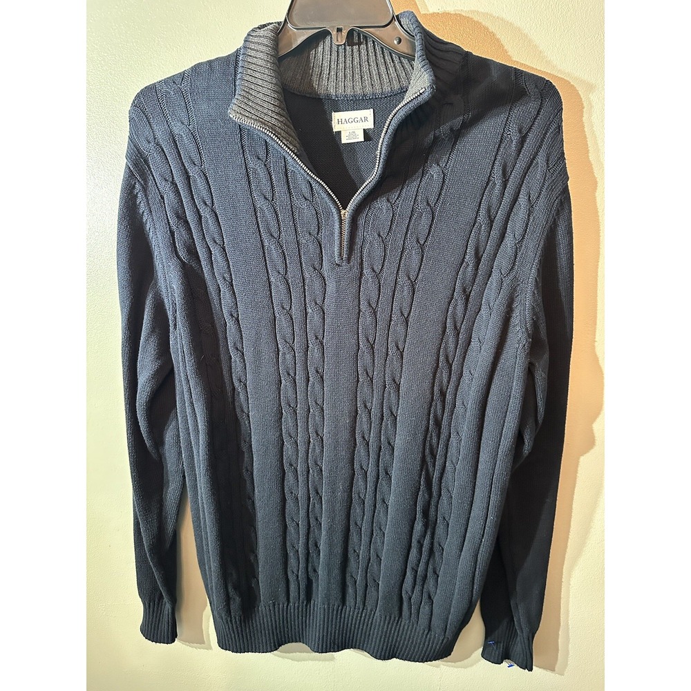 Haggar Lg‎ Navy Blue 1/4 Zip Sweater Zipper Pull Missing As Shown
